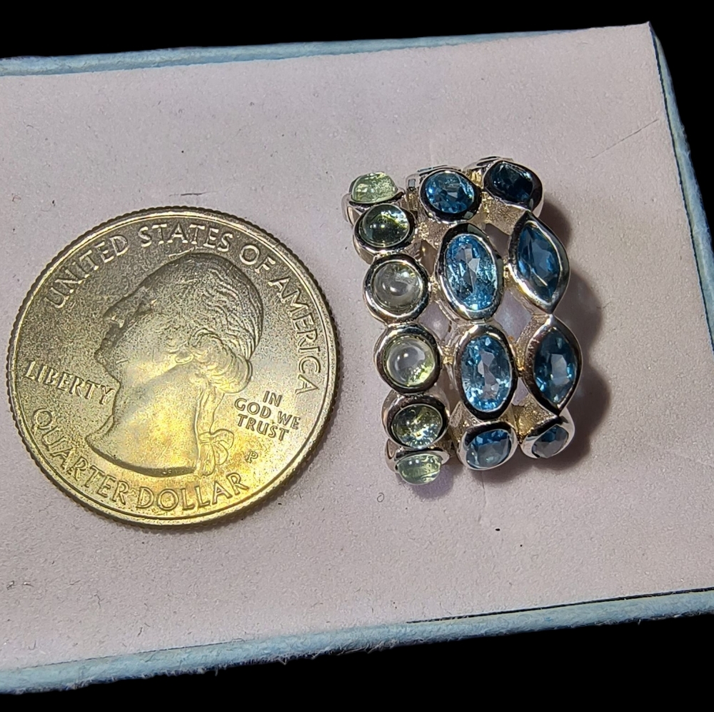 Three Row Mixed Blue Topaz Ring In Sterling Silver - Picture 5 of 11
